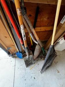 Assorted Garden Tools & Yard Stakes - Shovels, Rakes & Poles