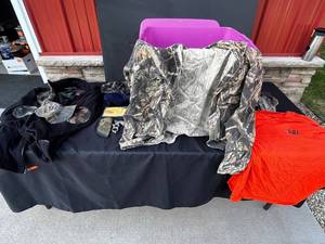 Wyoming Knife Field Dresser, Mossy Oak Cap America Camouflage Apparel with NRA Patches - Assorted Outdoor Gear & More in Storage Tote