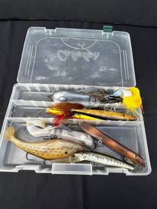 Assorted Fishing Lures in Clear Tackle Box - Crankbaits, Spoons & Bucktails