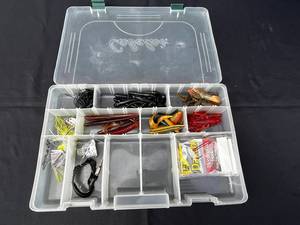 Assorted Lures in Clear Tackle Box & Daiichi Bleeding Bait Hooks