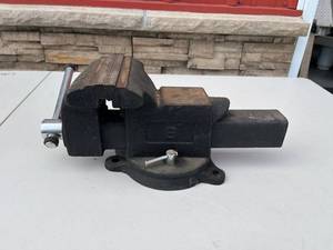 Vintage Cast Iron Bench Vise with Wooden Jaw Inserts