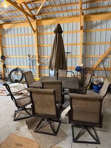 Outdoor Patio Dining Table Set with Umbrella and Six Chairs