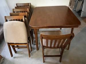 Foldable MCM Solid Wood Dining Table Set with Six Slat-Back Chairs