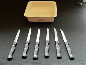 Corning Ware Rectangular Casserole Dish with Blue Floral Pattern & Farberware Knife 6 Pc Set