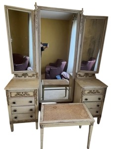 LLB - Antique Neoclassical Style Armoire with Carved Floral Details Vanity Set with Triple Mirror, Pair of Pedestals & Cane Bench