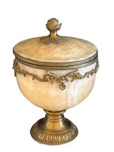 MB - Vintage French-Style Hand-Carved Onyx Marble Urn - Gilt Bronze Details