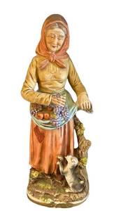 MB - Vintage 15 in Ceramic Figurine - Woman in Shawl with Grapes Basket