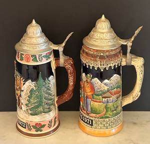 MB - Schmidt Design Limited Edition Christmas 1972 German Bavarian Flip Top Beer Stein Pair