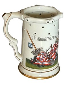 MB - Antique German Porcelian Puzzle Beer Stein, Porcelain Trick Stein with Holes