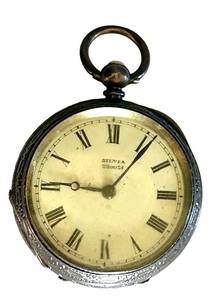 MB - Pocket Watch - 1.5 in Diameter, Roman Numeral Dial, Engraved Case