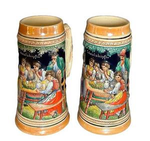 MB - Stein Pair - West German Hand Painted -  Scenic Figures