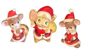 K - Santa Mouse Ceramic Figurines - 3 Pieces - 4 Inches Tall - Christmas Decor