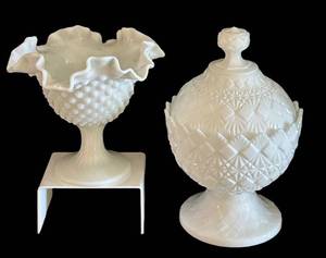 K - Milk Glass Lidded Diamond Pattern Compote and Hob Nail Ruffled Vase Piece Set
