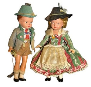 K - Two 9 in Vintage Dolls - Boy & Girl in Folk Costume