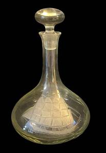 LL - Vintage Glass Decanter with Stopper, Etched Sailing Ship Pattern