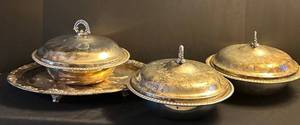 LL - Silver Plated 16 Inch Oval Platter with 3 Lidded Tureens & Casserole Holder