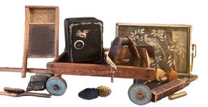 LL - Mosler Junior Safe with Assorted Vintage Tin Items on Wood Wagon
