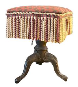 LL - Vintage Upholstered Stool with Rope Fringe - Damask Pattern, Metal Base