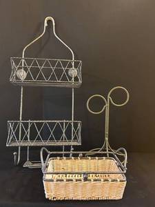 LL - Shower Caddy Stand with Diamond-Mesh Baskets and Wicker Basket Base