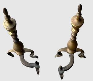 G - Pair of Antique Queen Anne Style Brass Claw Foot Andirons  Firedogs