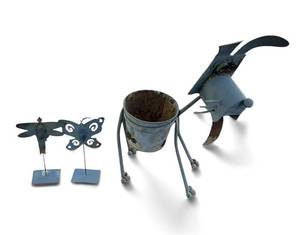 G - Outdoor Metal Garden Sculpture Set - 24-Inch Dog Figure & Butterfly Stakes (Lot of 3)