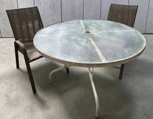 Deck - Round Glass-Top Patio Table with Two Mesh Chair