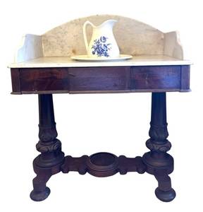 MB - Antique Victorian Style Walnut Marble-Top Washstand with Basin & Pitcher