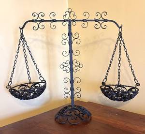 MB - Vintage Wrought Iron Hanging-Basket Scale with Decorative Scrollwork
