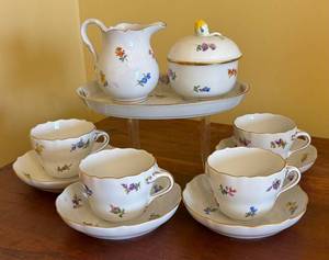 LR - Petite Meissen Vintage Floral Tea Set - Cups, Saucers, Sugar Bowl, Creamer, Pitcher, Platter