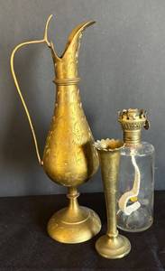 MB - Vintage Brass Ewer & Vase Set with Oil Candle Lamp Base