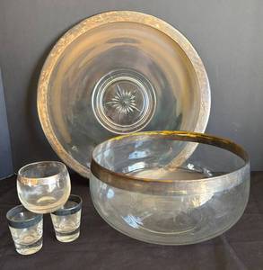 MB - Vintage Metallic Rimmed Platter, Bowl and Glasses