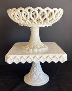 MB - Vintage Milk Glass Compote Dish & Vintage Indiana Glass Square Pedestal Cake Stand Set