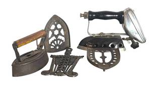 LR - Vintage Cast Iron Irons, Iron Stands and Ornate Trivet