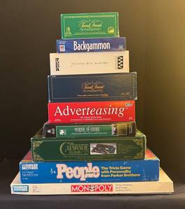 LL - Vintage Board Games Lot - Trivial Pursuit, Backgammon, Monopoly, Advertising, Murder of Course and More