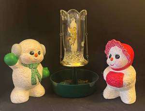 LL - Two Snowman Figurines with Crystal Candle Holder