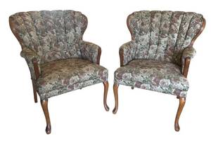 LR - Pair of Vintage Floral Armchairs - Carved Wood Frames