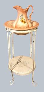 LR - Vintage Wash Stand with Peach Pink Pitcher & Basin