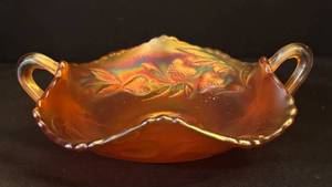 LL - Vintage Fenton Art Glass Carnival Strawberry Two Handled Marigold Bonbon Dish