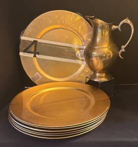 LL - Vintage Brass Pitcher and Gibson Gold Tone Chargers