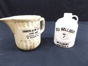 Antique Spongeware Advertising Pitcher and an Old Whiskey Jug