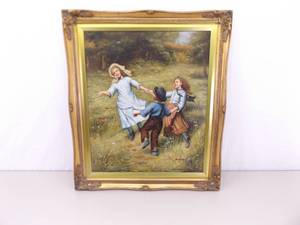 Signed Oil on Canvas of Children Dancing in a Real Wood Hand Carved Frame
