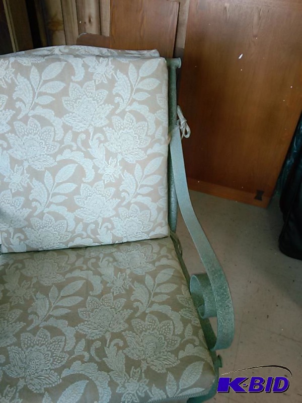 lot 29 image: SET OF THREE WROUGHT IRON HEAVY DUTY PATIO CHAIRS WITH DESIGNER CUSHIONS