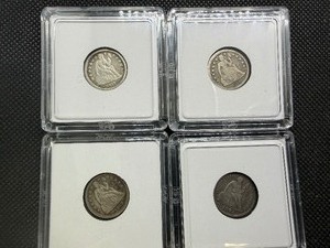 Four Silver Liberty Seated Dimes 1856 (2), 1858, and 1891