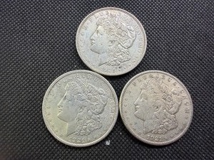 Three Silver Morgan Dollars 1921 P-D-S