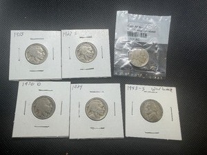 Five Buffalo Nickels - 1924, 1927 S, 1935, 1935, 1936 D and Wartime Nickle 1943 S
