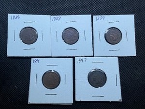 Five Indian Head Pennies1886, 1888, 1889, 1895, 1897