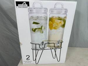 New 2 Container Glass Beverage Dispenser with Metal Rack