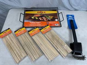 New BBQ Grill Topper, Grill Brush, 400 Bamboo Wood Skewers
