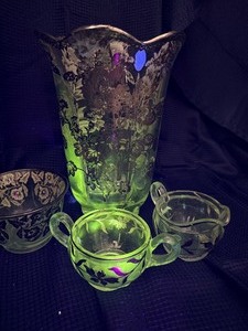 4 piece lot of silver floral etch glass