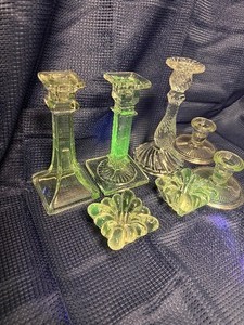 Lot of 7 manganese glass candlestick holders